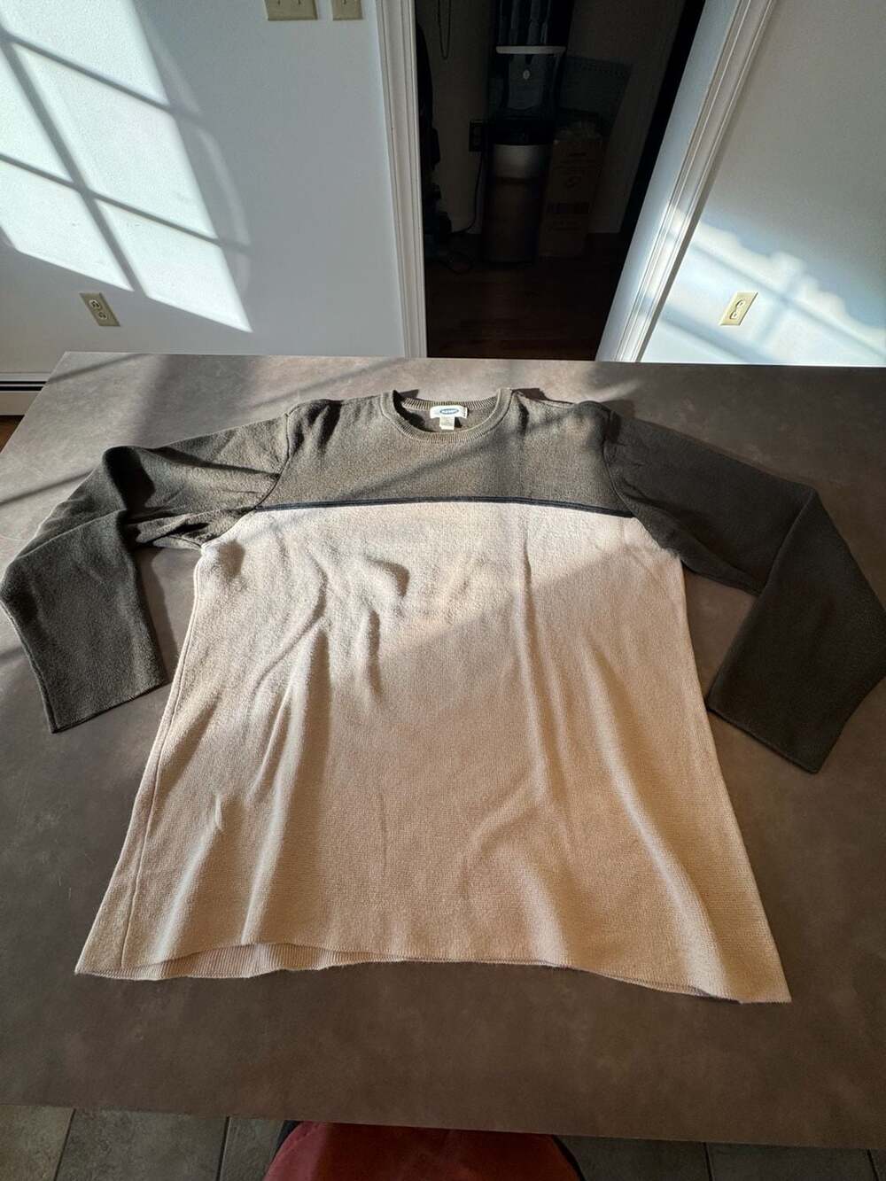 Mens Colorblock Long Sleeve Crew Neck Sweater Olive Green Beige
